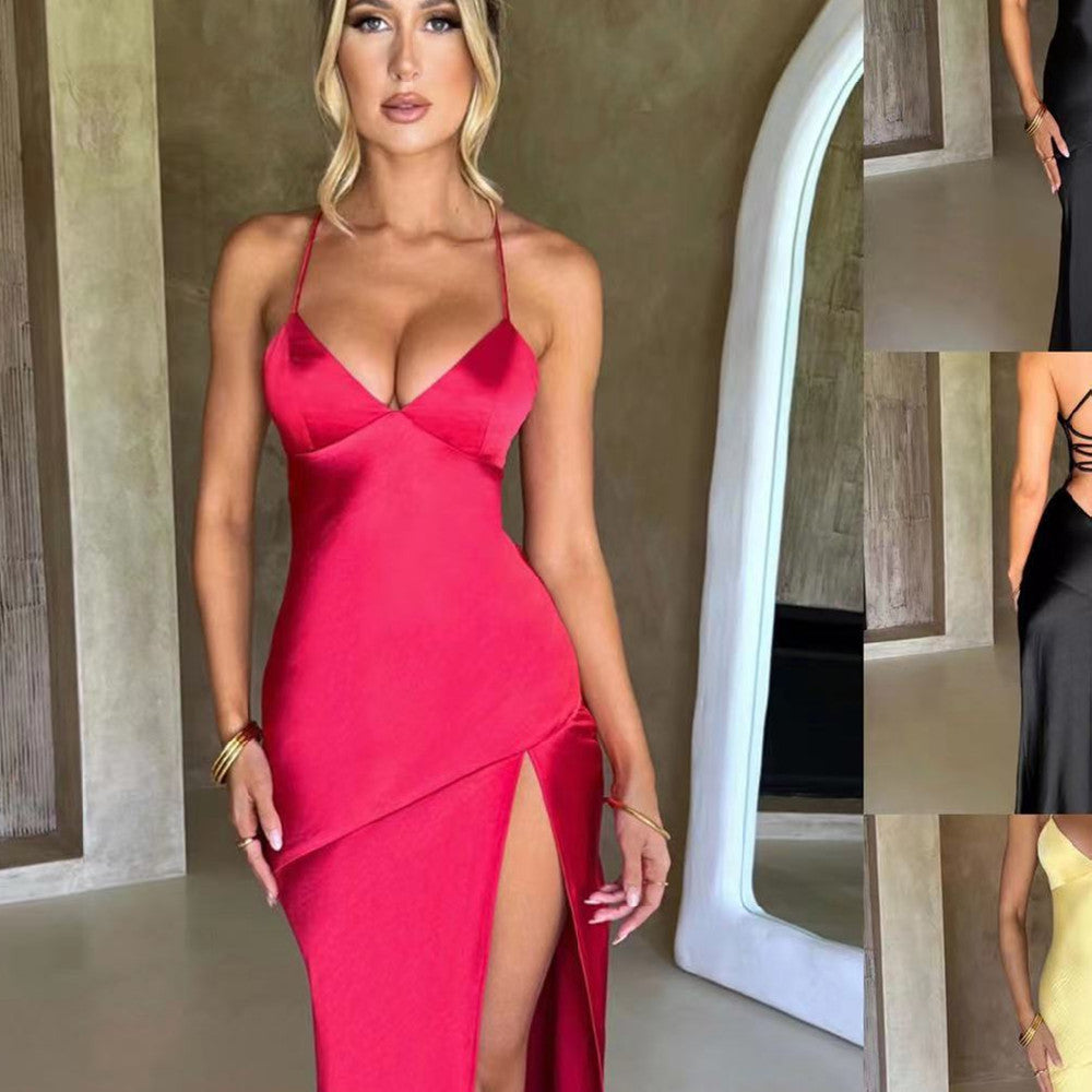 Women's V-neck Brace Satin Split Backless Long Dress - ANIBEY