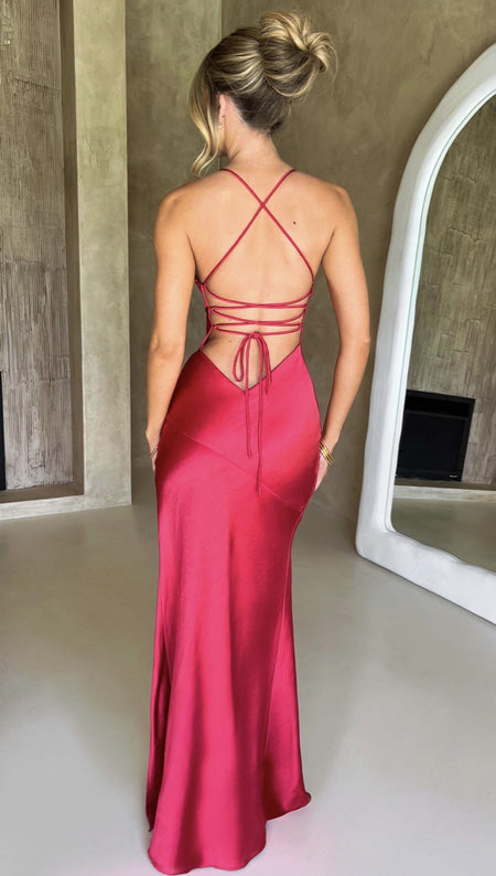 Women's V-neck Brace Satin Split Backless Long Dress - ANIBEY