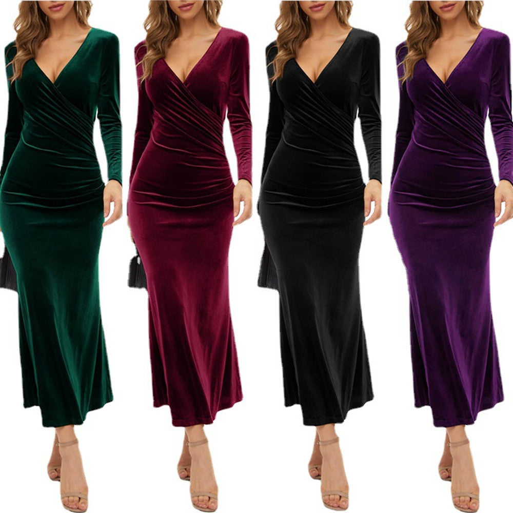 Women's V-neck Slim Dress Elegant Velvet - ANIBEY