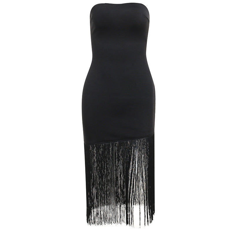Wrap-chest Fringed Stitching High-end Slit Bag Hip Dress - ANIBEY