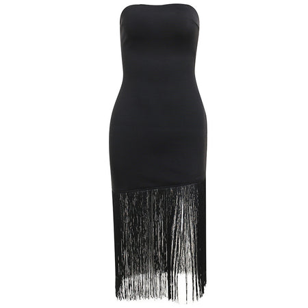Wrap-chest Fringed Stitching High-end Slit Bag Hip Dress - ANIBEY
