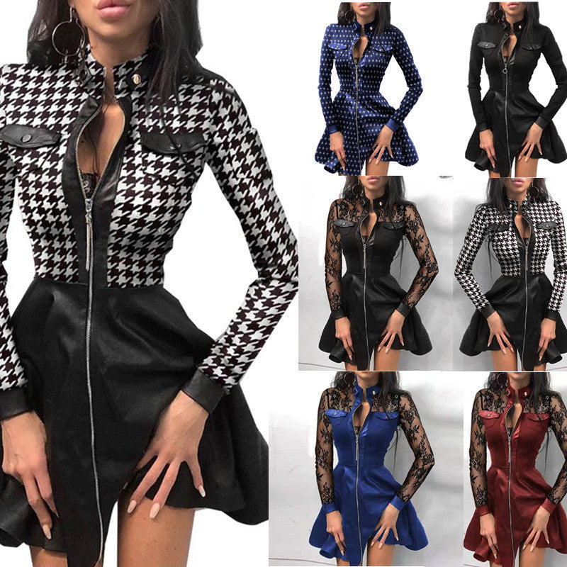 Long Sleeve V-neck Zipper Pu Pocket Dress Women's Clothing - ANIBEY