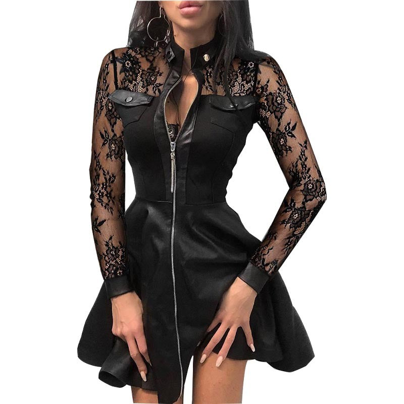 Long Sleeve V-neck Zipper Pu Pocket Dress Women's Clothing - ANIBEY