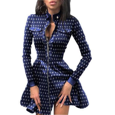 Long Sleeve V-neck Zipper Pu Pocket Dress Women's Clothing - ANIBEY