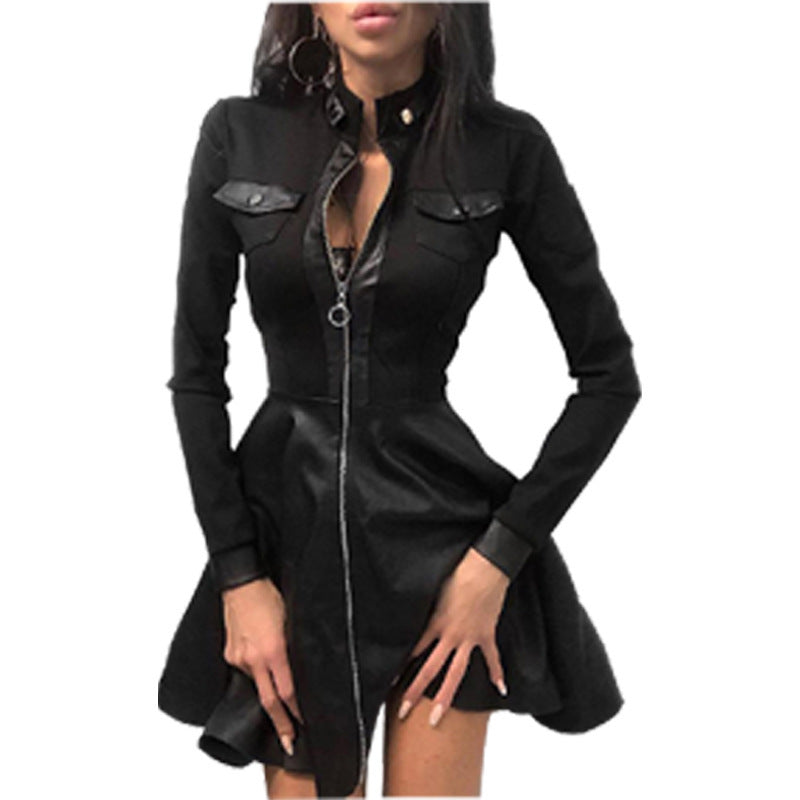 Long Sleeve V-neck Zipper Pu Pocket Dress Women's Clothing - ANIBEY