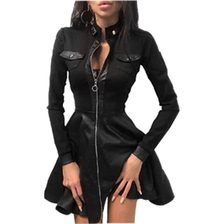 Long Sleeve V-neck Zipper Pu Pocket Dress Women's Clothing - ANIBEY