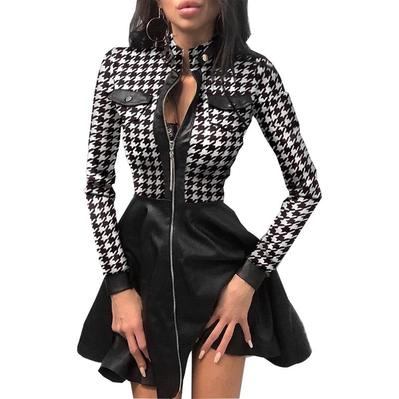 Long Sleeve V-neck Zipper Pu Pocket Dress Women's Clothing - ANIBEY