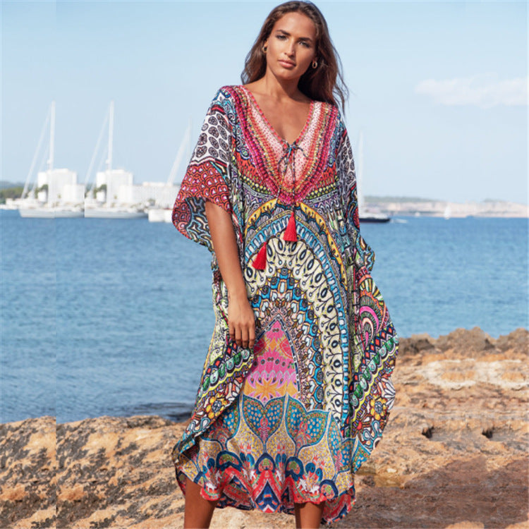 European And American New Satin Loose Fit Dress Vacation Casual Overlay Cover Up - ANIBEY