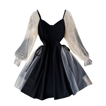 Puff Sleeve VNeck Low Cut Paneled Mesh Beaded ALine Skirt - ANIBEY