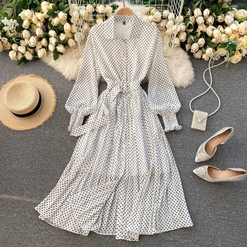 Women's Polo Collar Slim Long Wave Point Chiffon Pleated Skirt - ANIBEY