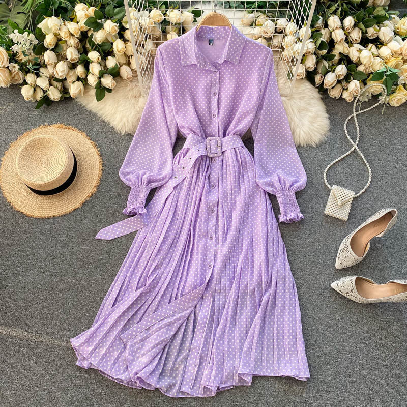 Women's Polo Collar Slim Long Wave Point Chiffon Pleated Skirt - ANIBEY