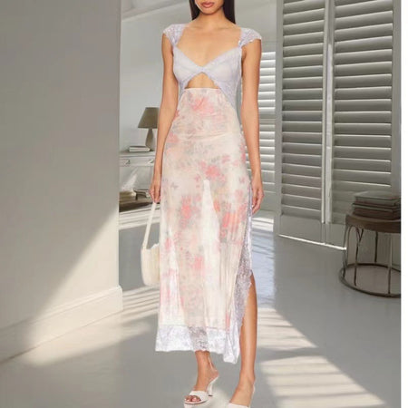 Shoulder Strap Stitching Slit Color Length Dress - ANIBEY