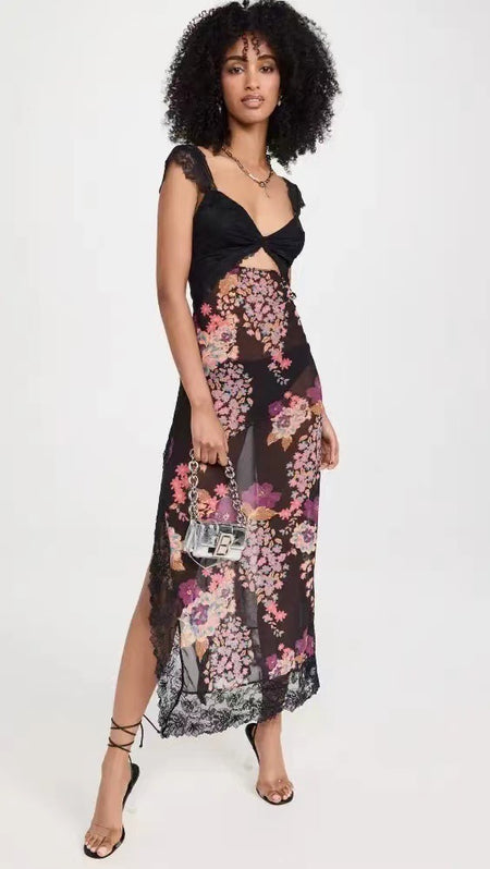 Shoulder Strap Stitching Slit Color Length Dress - ANIBEY