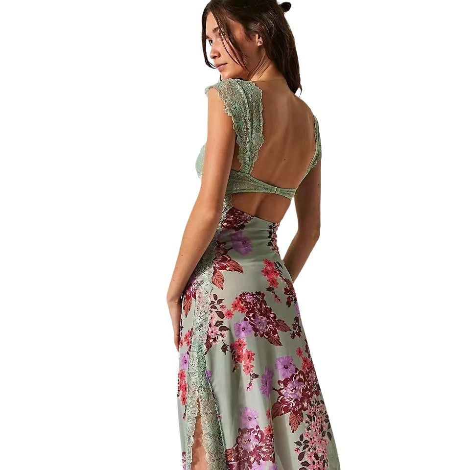 Shoulder Strap Stitching Slit Color Length Dress - ANIBEY