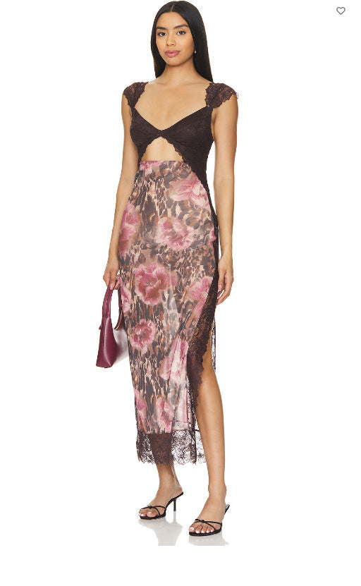 Shoulder Strap Stitching Slit Color Length Dress - ANIBEY