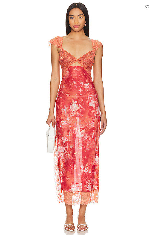 Shoulder Strap Stitching Slit Color Length Dress - ANIBEY