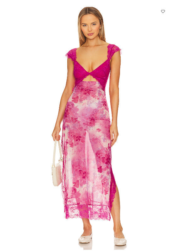 Shoulder Strap Stitching Slit Color Length Dress - ANIBEY