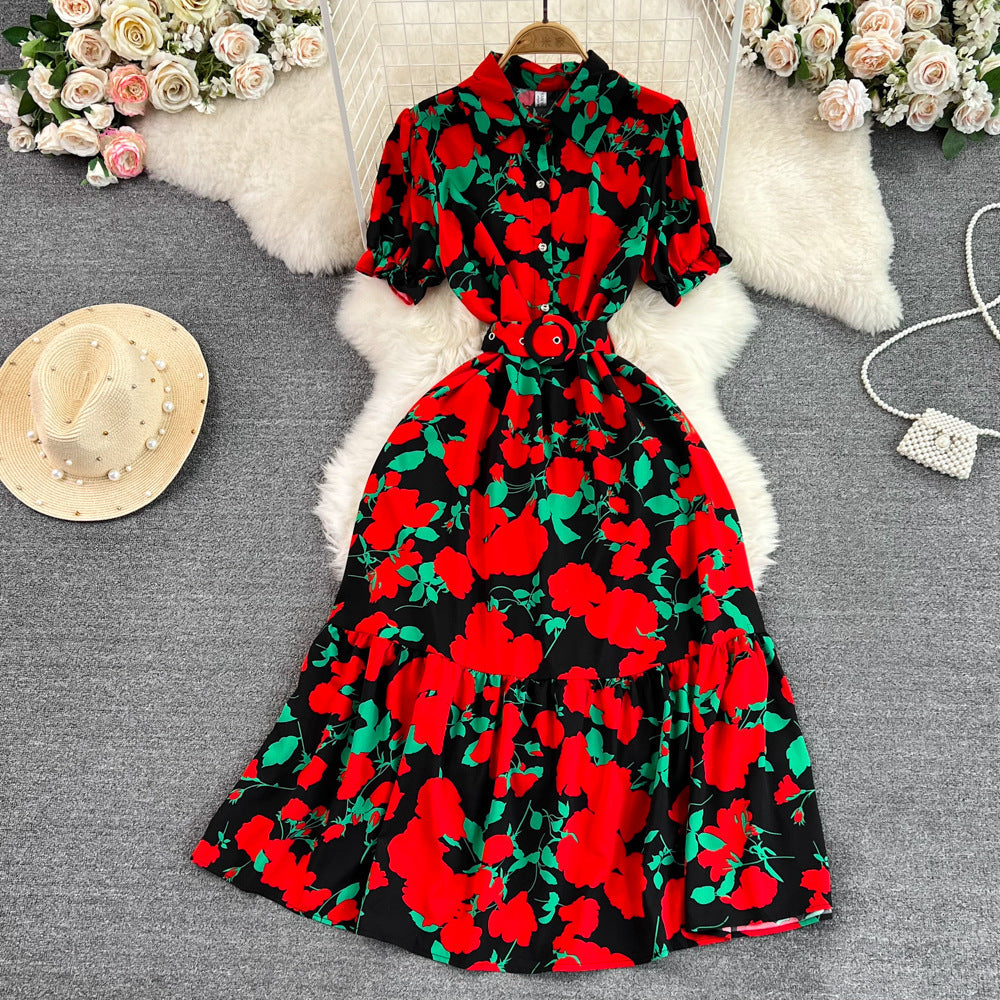 Lightly Mature Retro Temperament Puff Short Sleeve Lapel And Waist Tight Slimming Mid-length A- Line Printed Shirt Dress Summer - ANIBEY