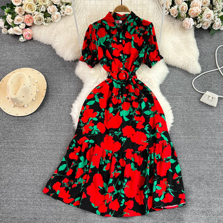 Lightly Mature Retro Temperament Puff Short Sleeve Lapel And Waist Tight Slimming Mid-length A- Line Printed Shirt Dress Summer - ANIBEY