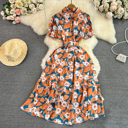 Lightly Mature Retro Temperament Puff Short Sleeve Lapel And Waist Tight Slimming Mid-length A- Line Printed Shirt Dress Summer - ANIBEY