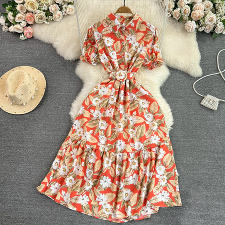 Lightly Mature Retro Temperament Puff Short Sleeve Lapel And Waist Tight Slimming Mid-length A- Line Printed Shirt Dress Summer - ANIBEY