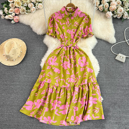 Lightly Mature Retro Temperament Puff Short Sleeve Lapel And Waist Tight Slimming Mid-length A- Line Printed Shirt Dress Summer - ANIBEY