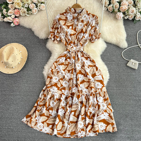 Lightly Mature Retro Temperament Puff Short Sleeve Lapel And Waist Tight Slimming Mid-length A- Line Printed Shirt Dress Summer - ANIBEY