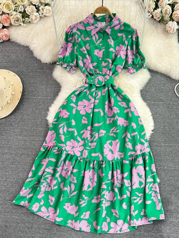Lightly Mature Retro Temperament Puff Short Sleeve Lapel And Waist Tight Slimming Mid-length A- Line Printed Shirt Dress Summer - ANIBEY