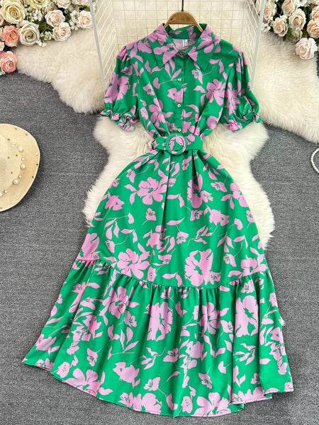 Lightly Mature Retro Temperament Puff Short Sleeve Lapel And Waist Tight Slimming Mid-length A- Line Printed Shirt Dress Summer - ANIBEY