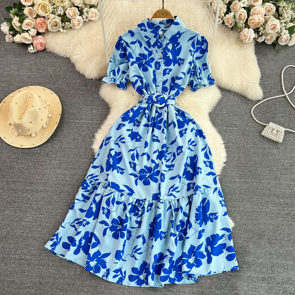 Lightly Mature Retro Temperament Puff Short Sleeve Lapel And Waist Tight Slimming Mid-length A- Line Printed Shirt Dress Summer - ANIBEY