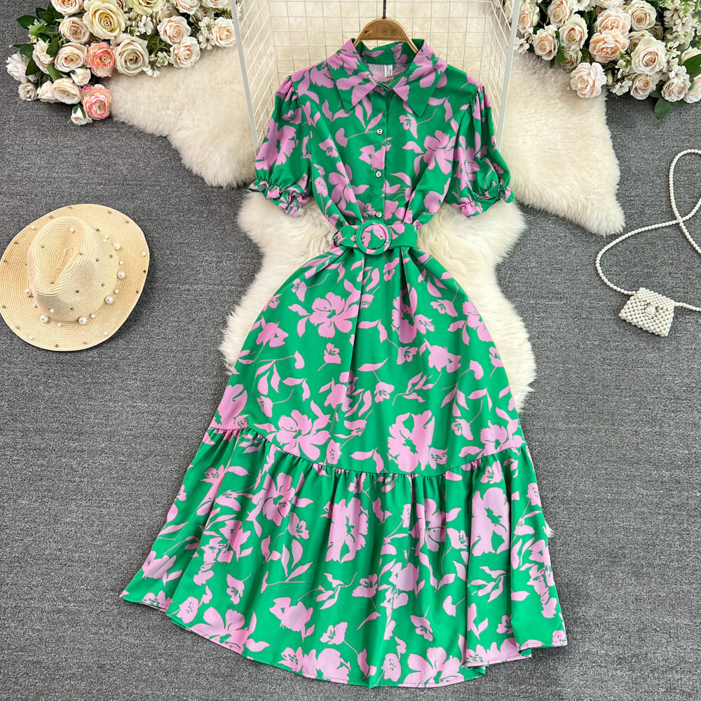 Lightly Mature Retro Temperament Puff Short Sleeve Lapel And Waist Tight Slimming Mid-length A- Line Printed Shirt Dress Summer - ANIBEY