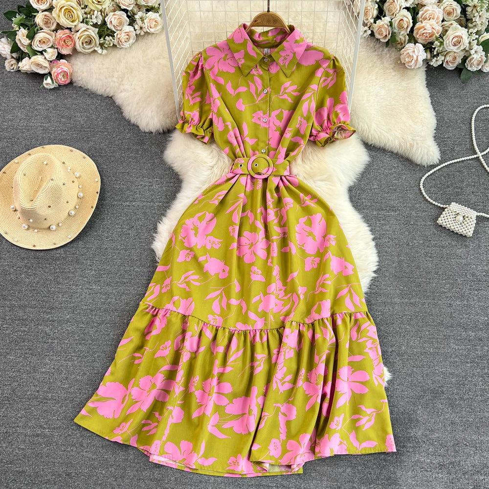 Lightly Mature Retro Temperament Puff Short Sleeve Lapel And Waist Tight Slimming Mid-length A- Line Printed Shirt Dress Summer - ANIBEY