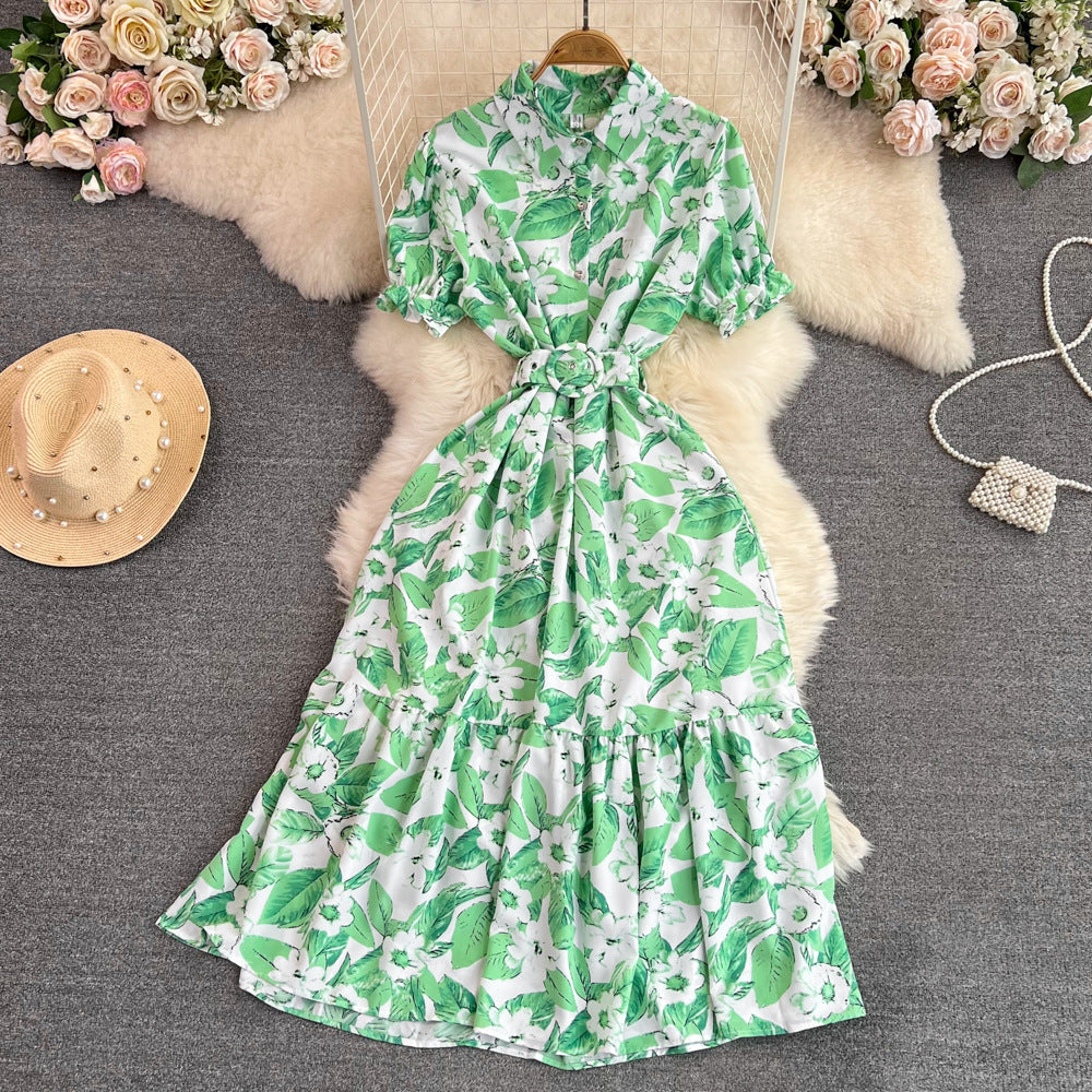 Lightly Mature Retro Temperament Puff Short Sleeve Lapel And Waist Tight Slimming Mid-length A- Line Printed Shirt Dress Summer - ANIBEY