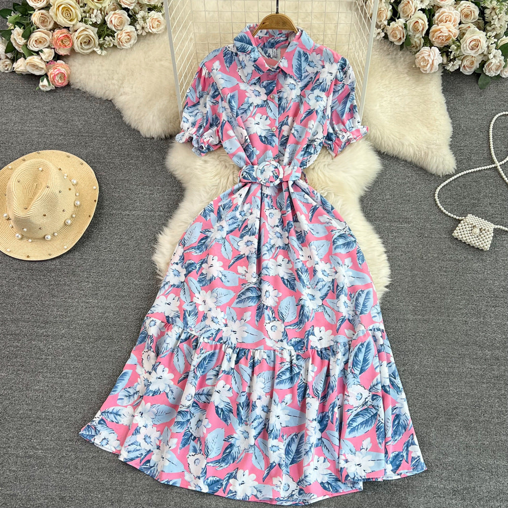 Lightly Mature Retro Temperament Puff Short Sleeve Lapel And Waist Tight Slimming Mid-length A- Line Printed Shirt Dress Summer - ANIBEY