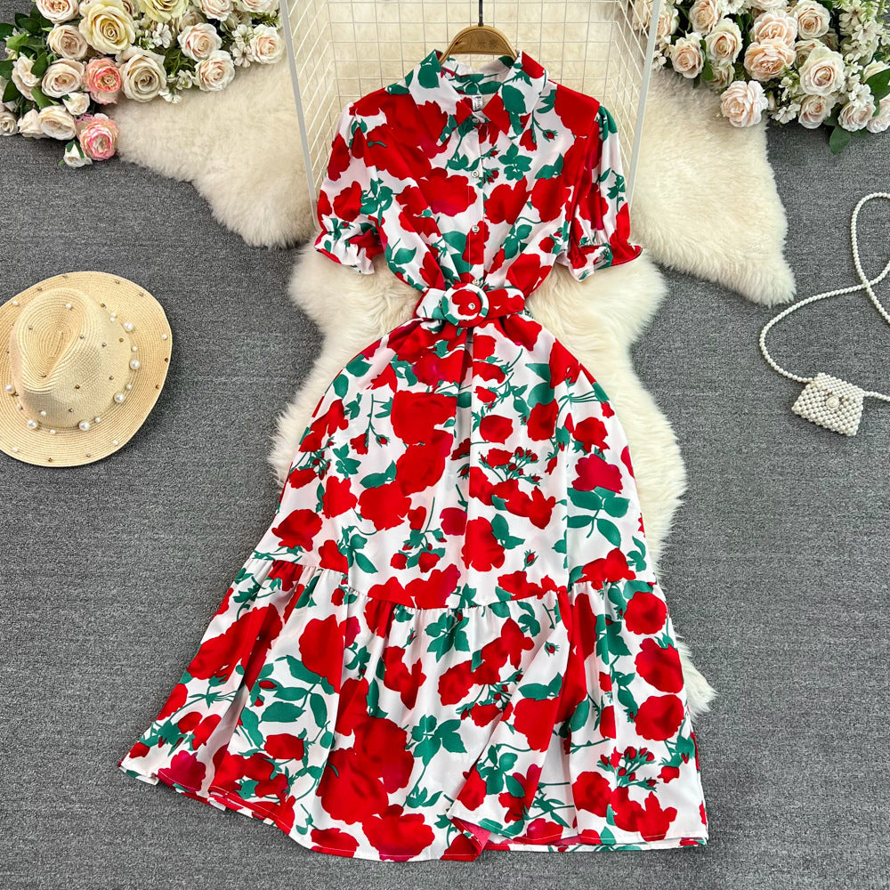 Lightly Mature Retro Temperament Puff Short Sleeve Lapel And Waist Tight Slimming Mid-length A- Line Printed Shirt Dress Summer - ANIBEY