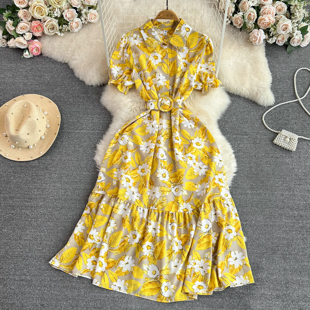 Lightly Mature Retro Temperament Puff Short Sleeve Lapel And Waist Tight Slimming Mid-length A- Line Printed Shirt Dress Summer - ANIBEY