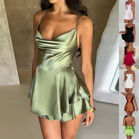 Sexy Suspender Skirt For Women Elegant Slim Strap Satin Backless Lace Up A-Line Short Dress Lady - ANIBEY