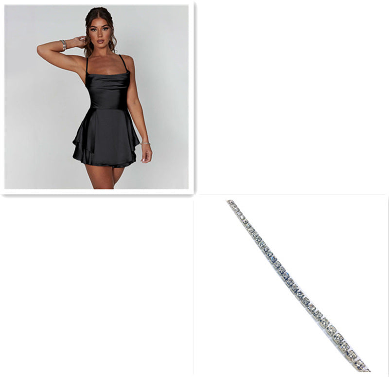 Sexy Suspender Skirt For Women Elegant Slim Strap Satin Backless Lace Up A-Line Short Dress Lady - ANIBEY
