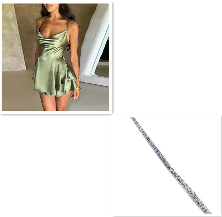 Sexy Suspender Skirt For Women Elegant Slim Strap Satin Backless Lace Up A-Line Short Dress Lady - ANIBEY
