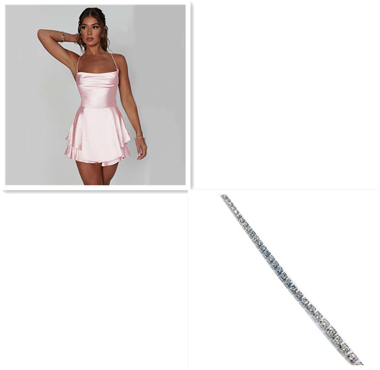 Sexy Suspender Skirt For Women Elegant Slim Strap Satin Backless Lace Up A-Line Short Dress Lady - ANIBEY