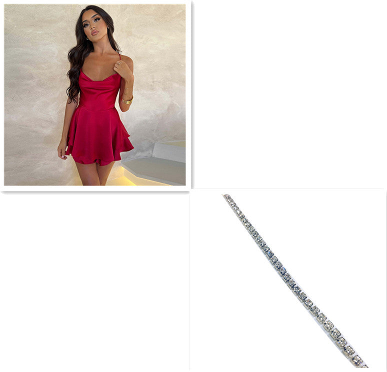 Sexy Suspender Skirt For Women Elegant Slim Strap Satin Backless Lace Up A-Line Short Dress Lady - ANIBEY