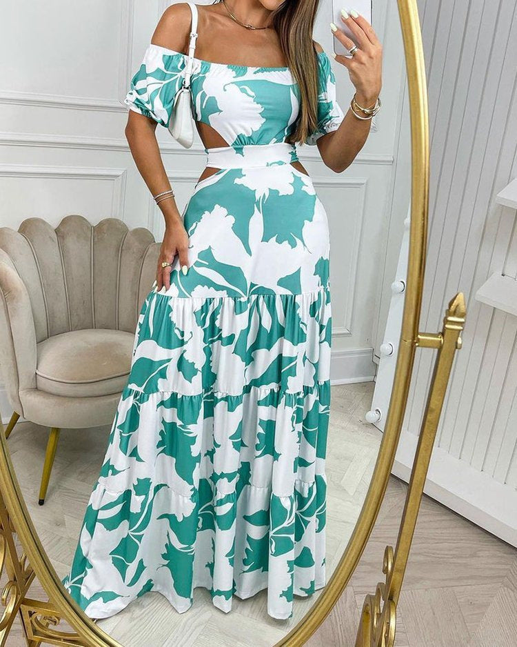 Off The Shoulder Print Cutout Lace Youth Cute Dress - ANIBEY