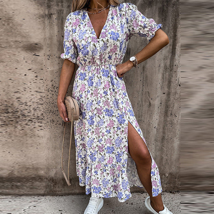 Printed Deep V-neck Irregular Split Lotus Leaf Skirt - ANIBEY