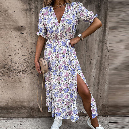Printed Deep V-neck Irregular Split Lotus Leaf Skirt - ANIBEY