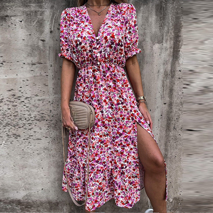 Printed Deep V-neck Irregular Split Lotus Leaf Skirt - ANIBEY