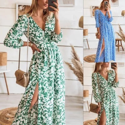 Printed Slit Long Chiffon A-line Dress - ANIBEY