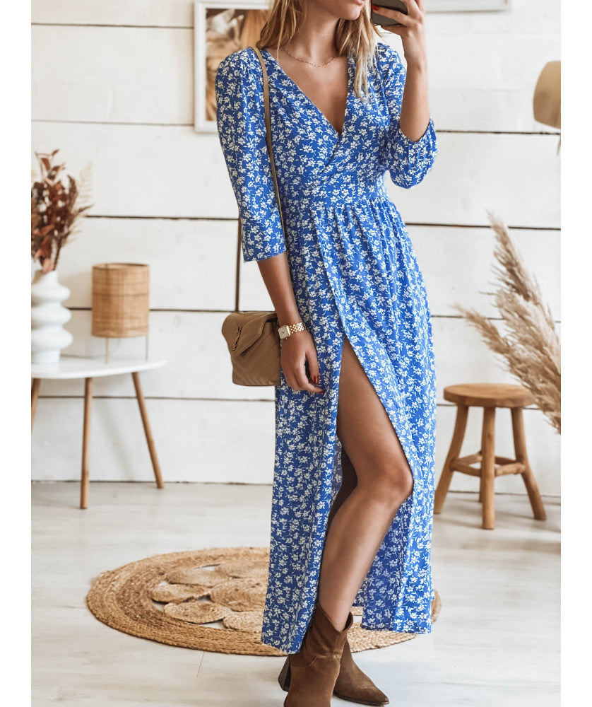 Printed Slit Long Chiffon A-line Dress - ANIBEY