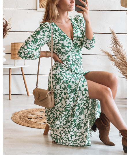 Printed Slit Long Chiffon A-line Dress - ANIBEY