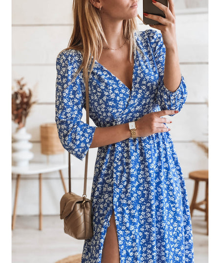 Printed Slit Long Chiffon A-line Dress - ANIBEY
