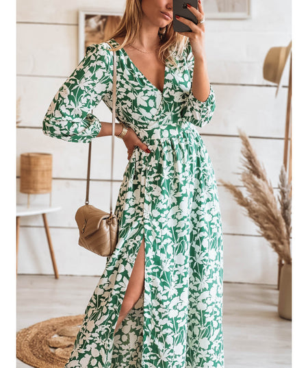 Printed Slit Long Chiffon A-line Dress - ANIBEY